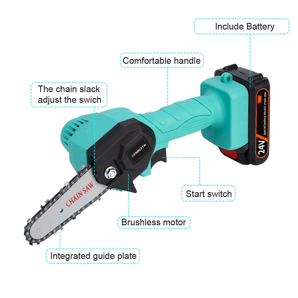 4in Mini Electric Chainsaw 24V with Battery for Woodworking and Garden Tools